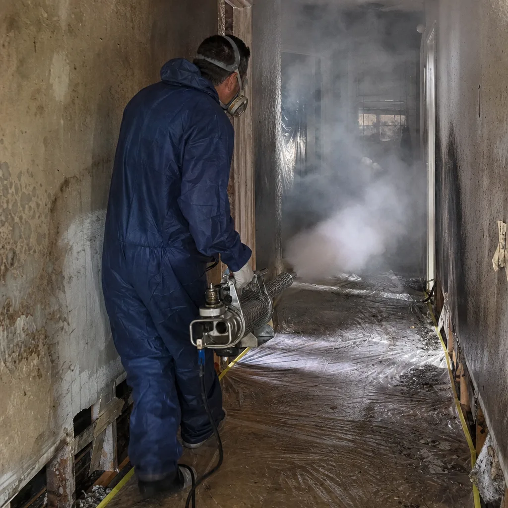 Technician using professional fogging equipment for smoke damage odor removal
