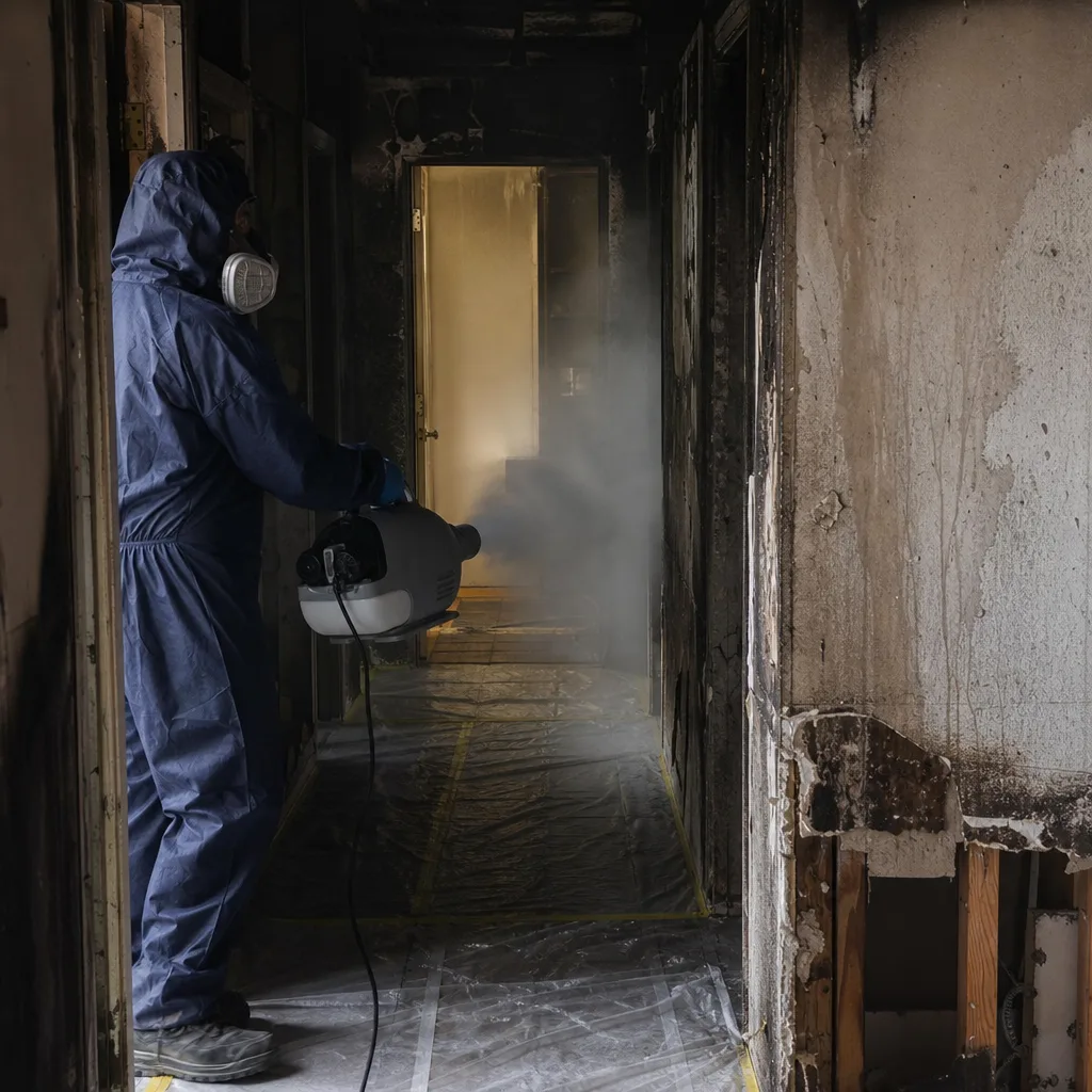 Technician performing fire and smoke damage restoration in a residential hallway
