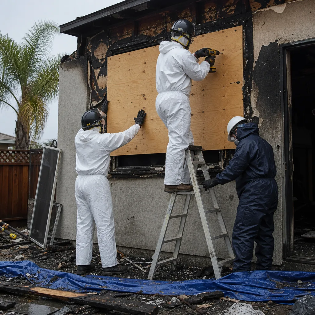 Technicians in protective gear boarding up fire-damaged window of a home