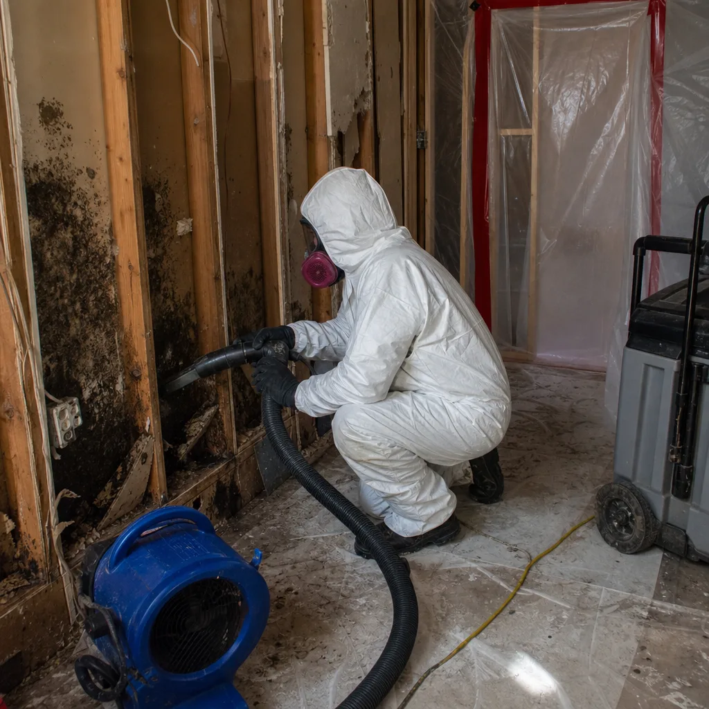 Specialist in protective suit performing professional mold remediation on interior walls.