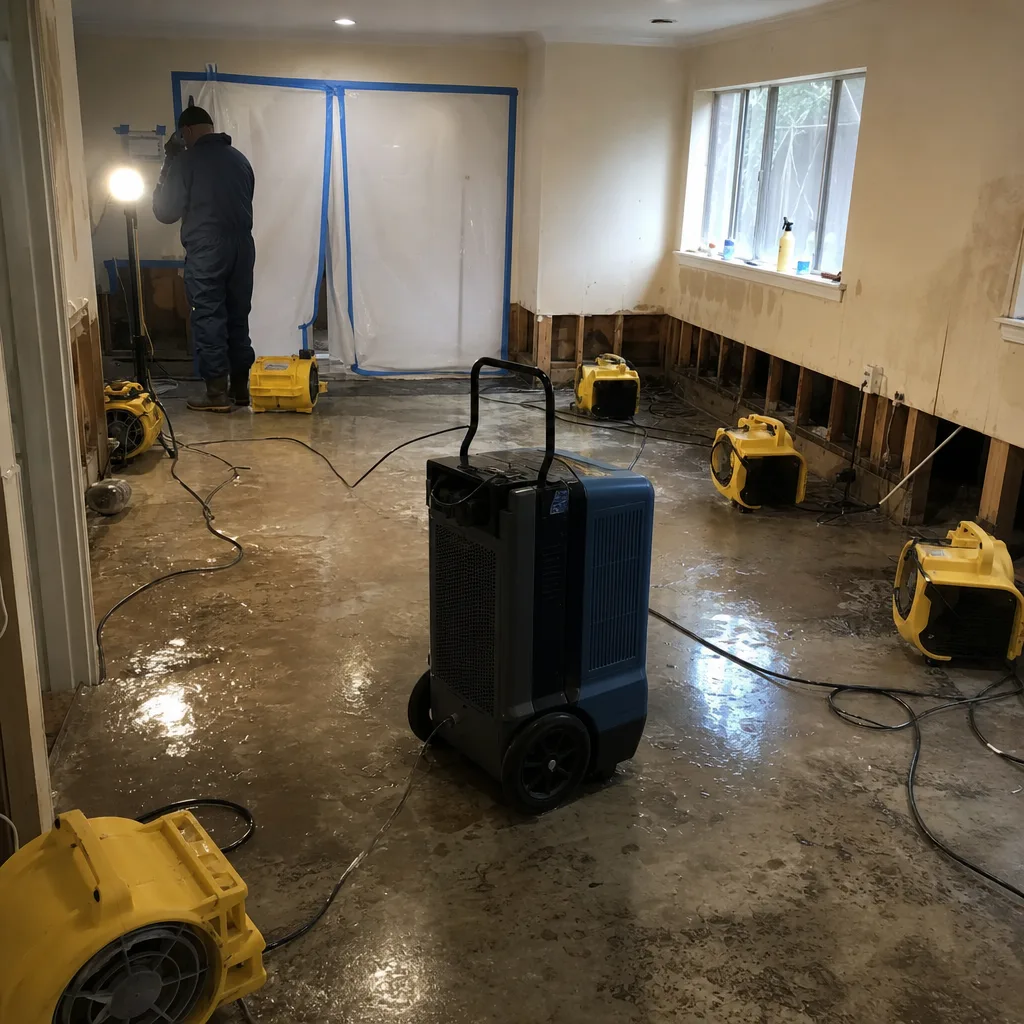 Water damage restoration services with professional industrial drying equipment in progress