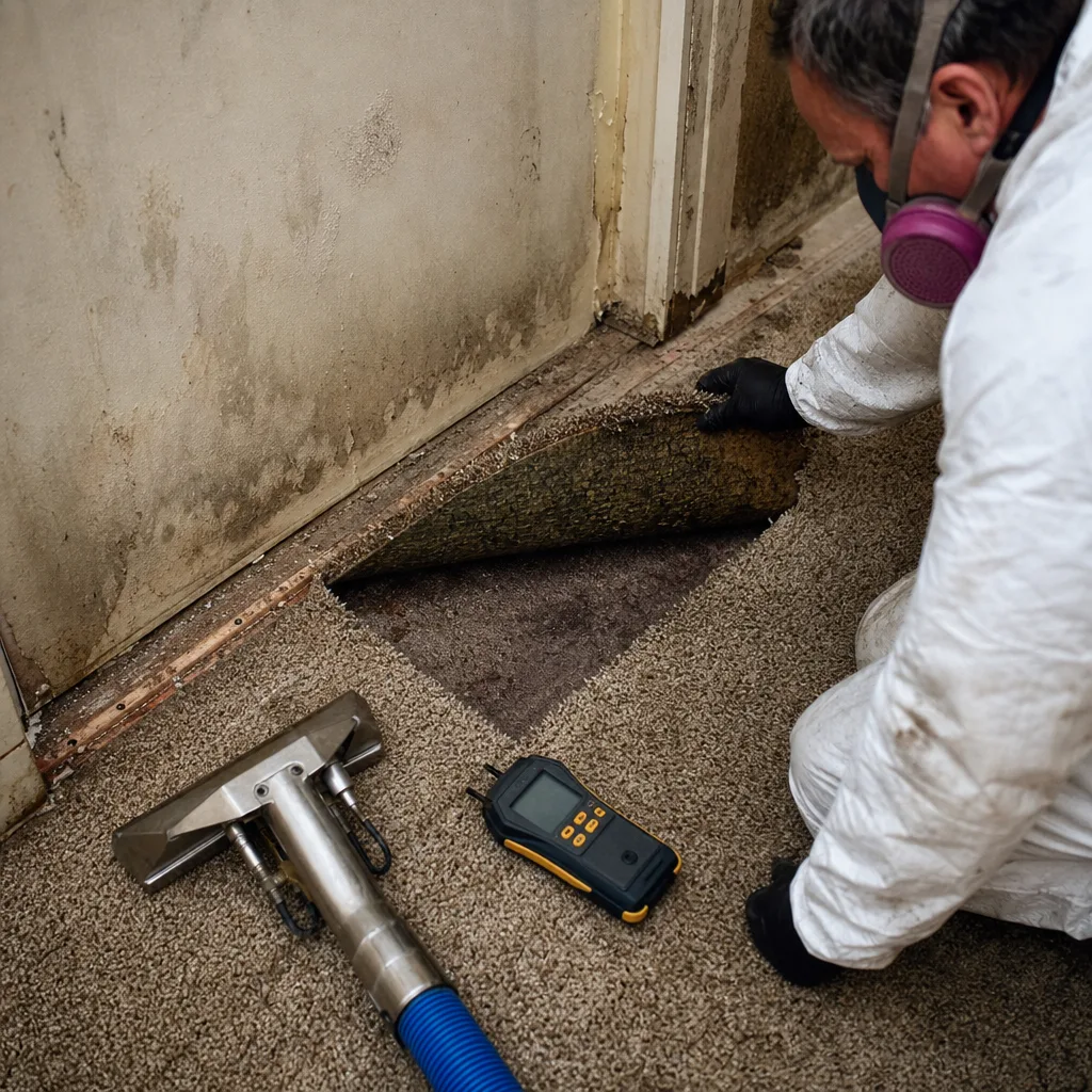 Water damage restoration professional inspecting moisture under damaged carpet with equipment